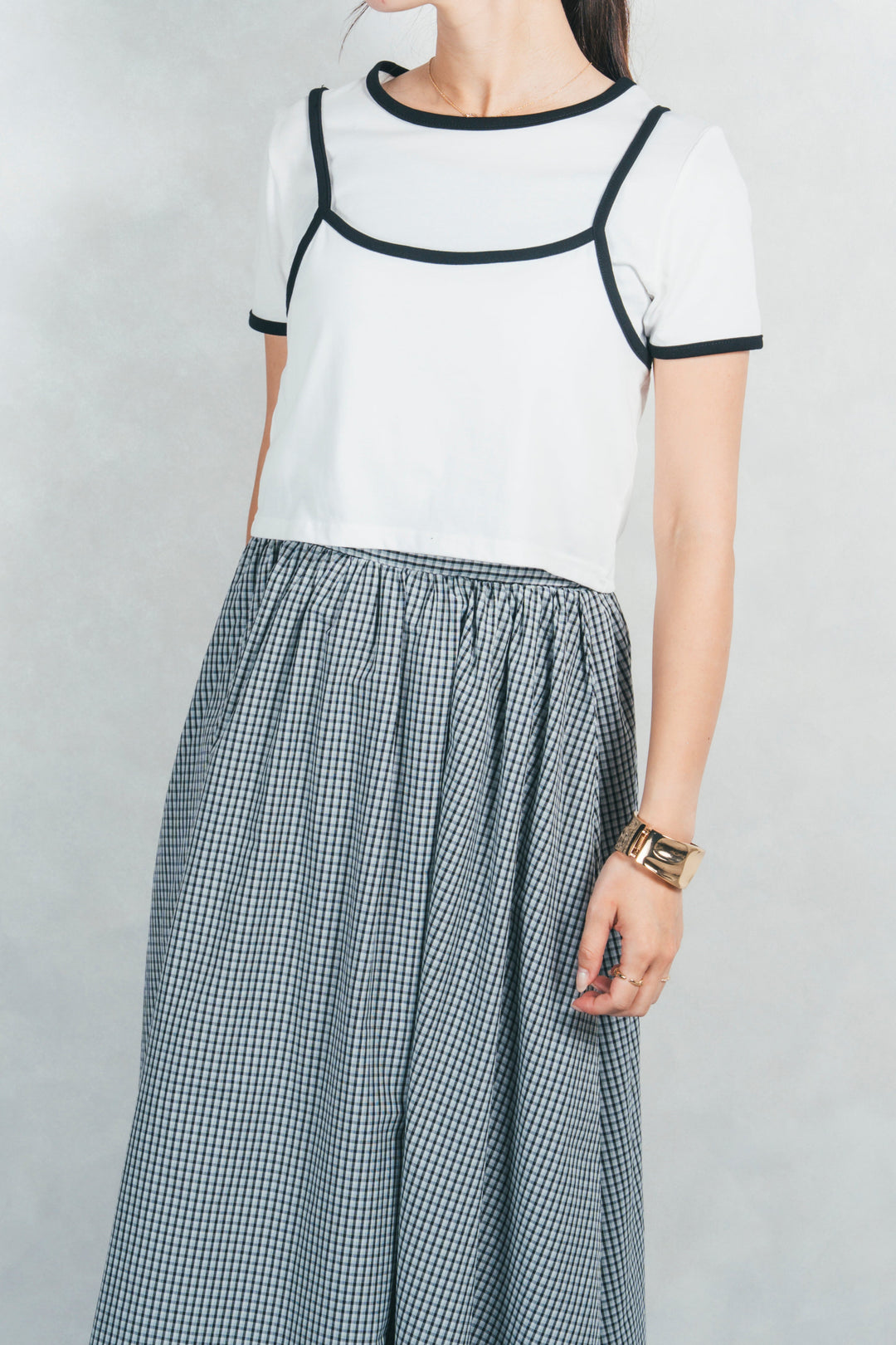 ［SET］キャミ付きリンガーTシャツ+チェックギャザーマキシスカート（2SET）