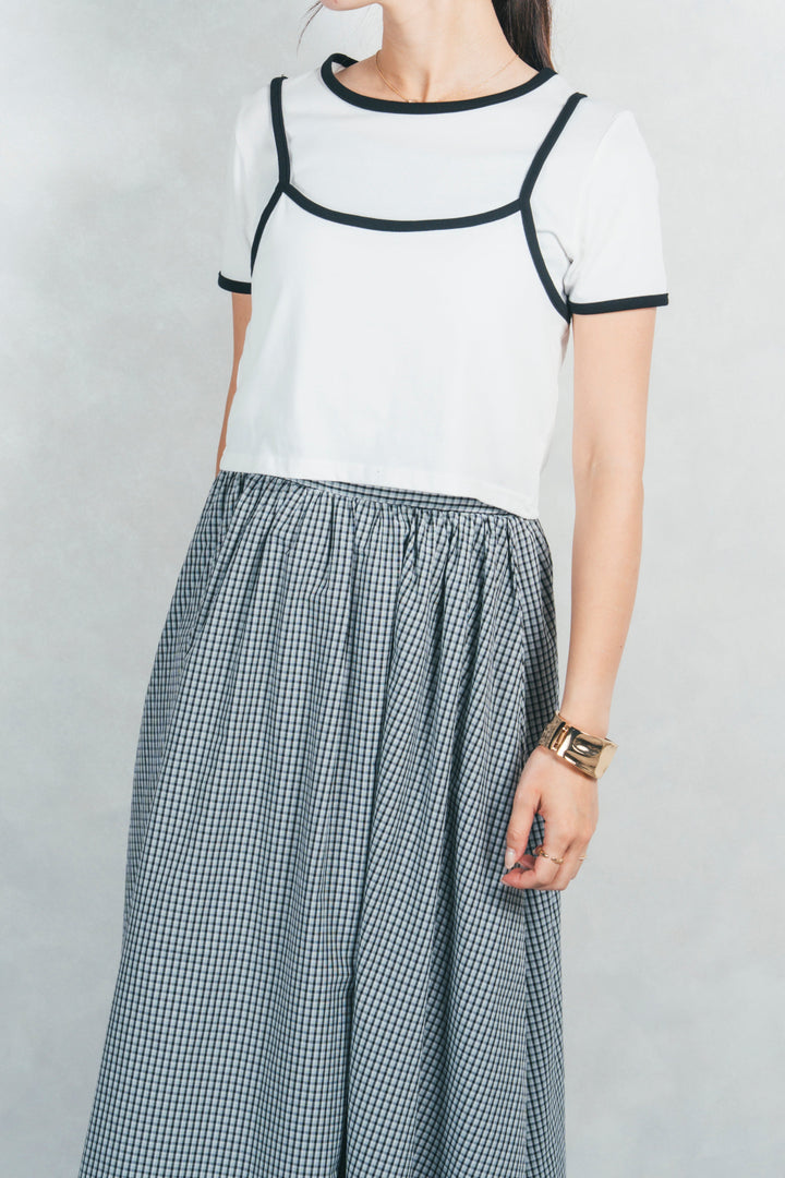 ［SET］キャミ付きリンガーTシャツ+チェックギャザーマキシスカート（2SET）