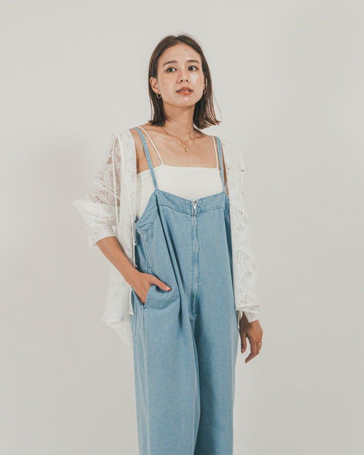 ［SET］接触冷感 10ozデニムオールインワン + Blockレース　フーディーブラウス（2SET）