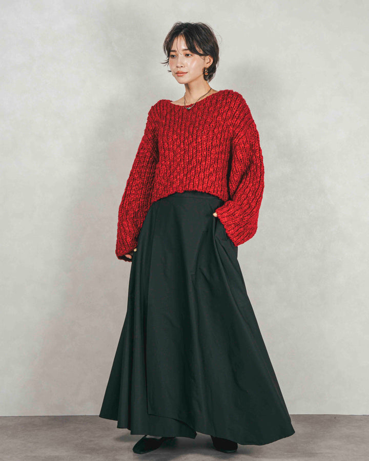 ［SET］ボリュームチャンキースラブ クロップドニット+アシメFlareタックスカート（2SET）