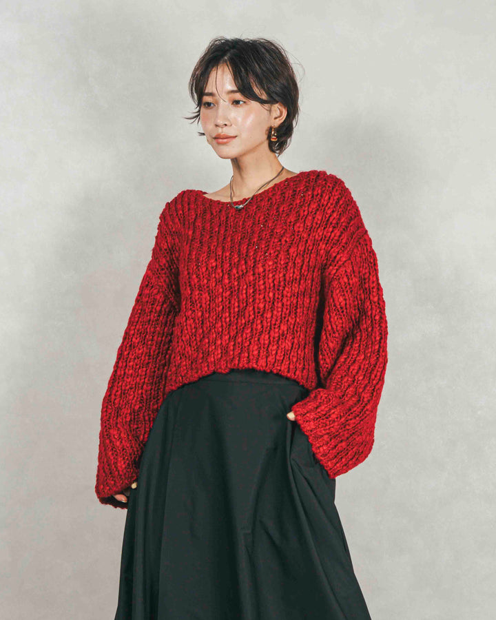 ［SET］ボリュームチャンキースラブ クロップドニット+アシメFlareタックスカート（2SET）