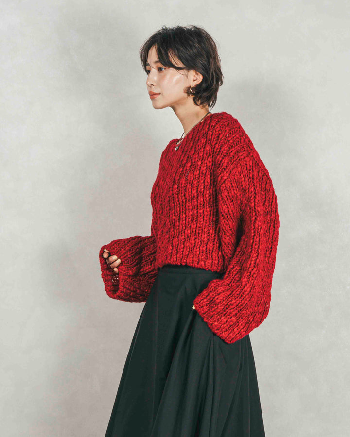 ［SET］ボリュームチャンキースラブ クロップドニット+アシメFlareタックスカート（2SET）