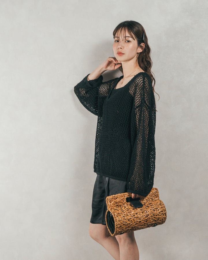 ［SET］メッシュ編みビスチェset Vネックニット + Vintageサテン　ハーフパンツ（2SET）