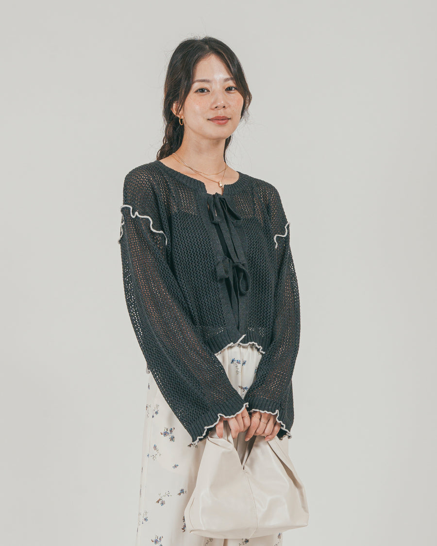 フロントリボン メッシュニットカーデ