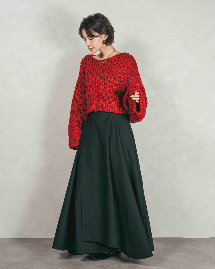 ［SET］ボリュームチャンキースラブ クロップドニット+アシメFlareタックスカート（2SET）