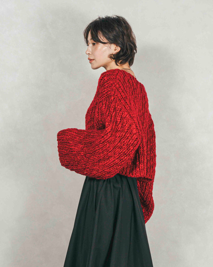 ボリュームチャンキースラブ クロップドニット (RED)