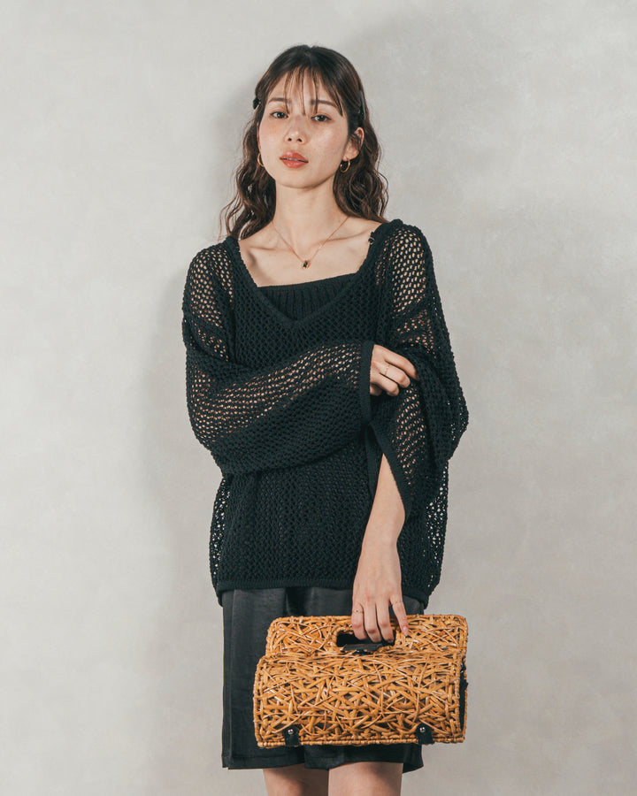 ［SET］メッシュ編みビスチェset Vネックニット + Vintageサテン　ハーフパンツ（2SET）