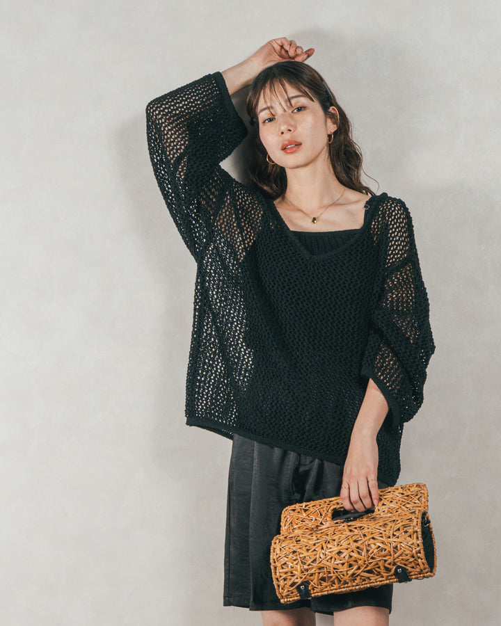 メッシュ編みビスチェset Vネックニット