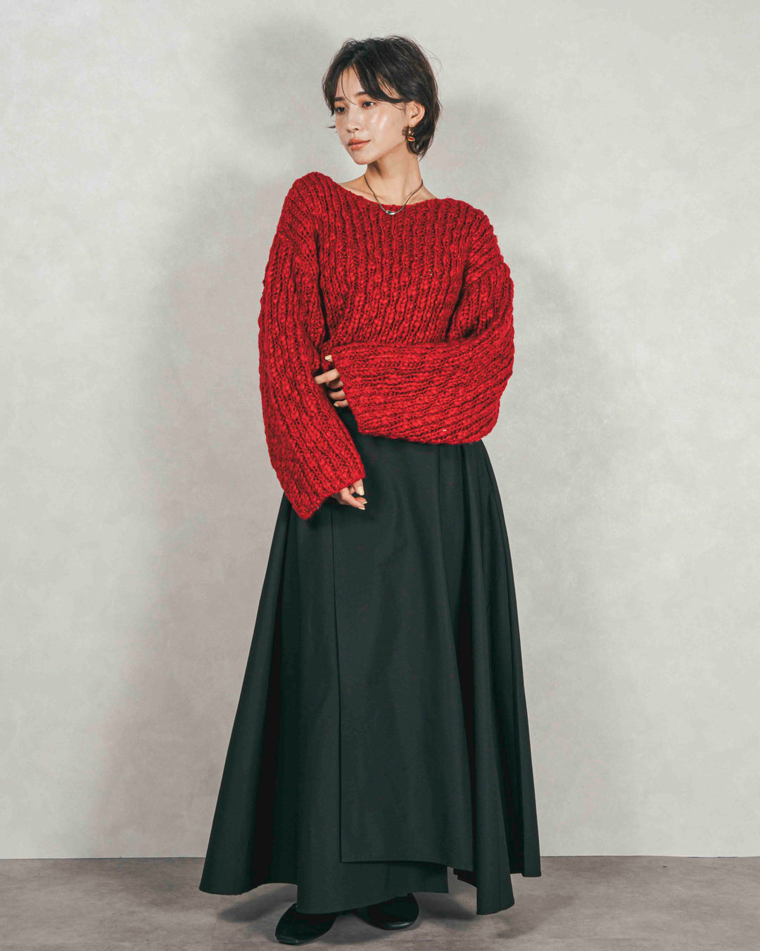 ［SET］ボリュームチャンキースラブ クロップドニット+アシメFlareタックスカート（2SET）