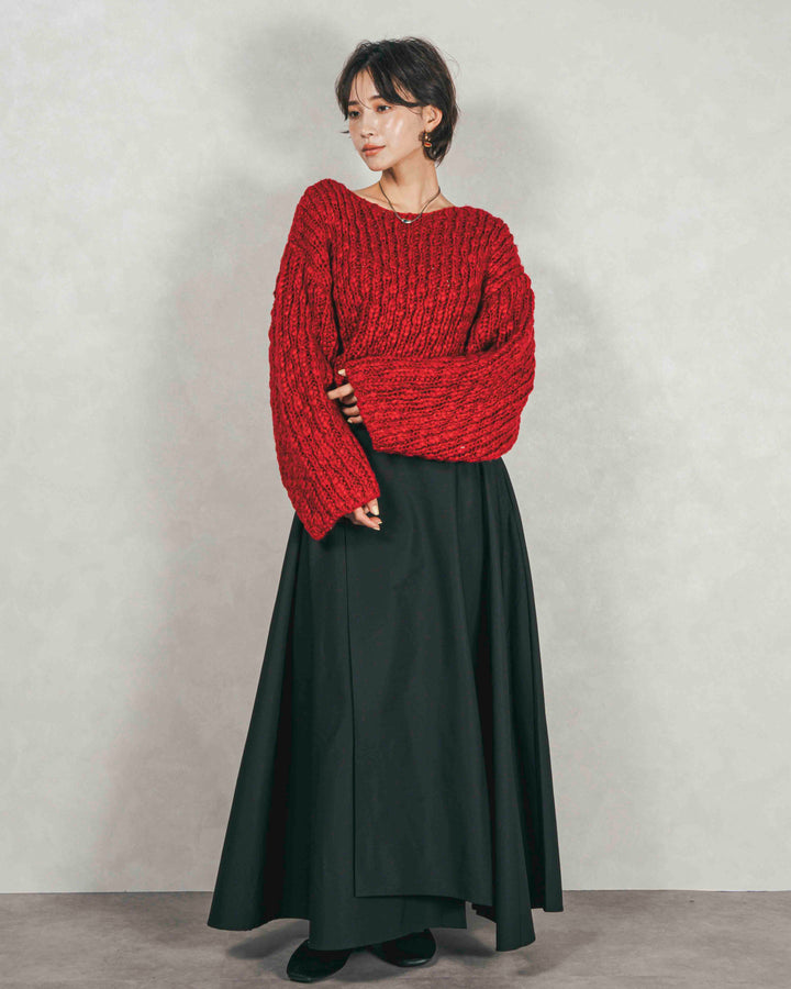 ［SET］ボリュームチャンキースラブ クロップドニット+アシメFlareタックスカート（2SET）