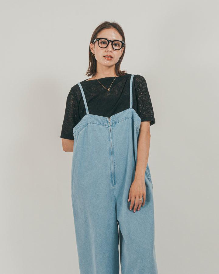 ［SET］接触冷感 10ozデニムオールインワン + カットレース ドレープTee（2SET）