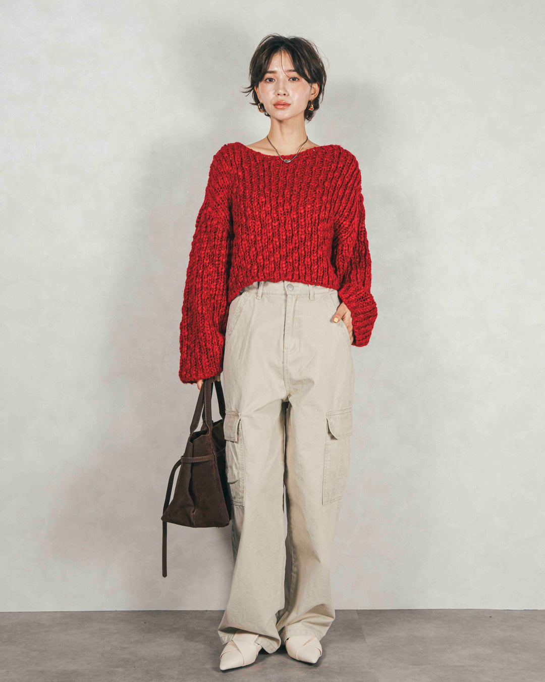 ［SET］ボリュームチャンキースラブ クロップドニット+ピグメントツイルカーゴパンツ（2SET）