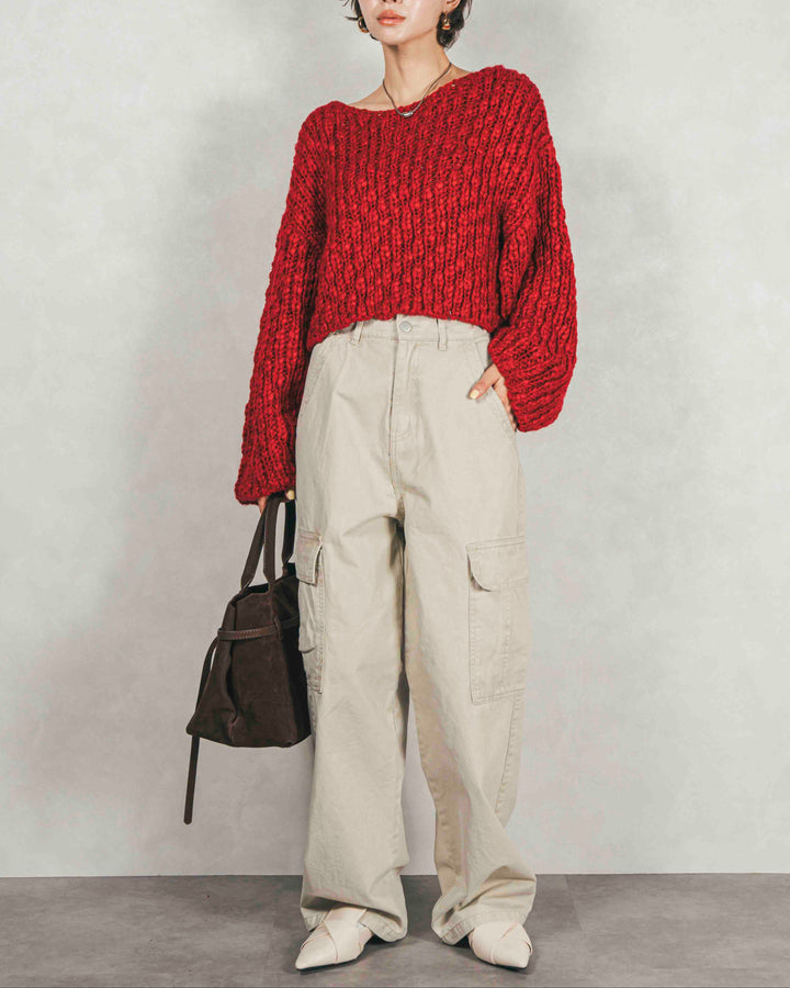 ［SET］ボリュームチャンキースラブ クロップドニット+ピグメントツイルカーゴパンツ（2SET）