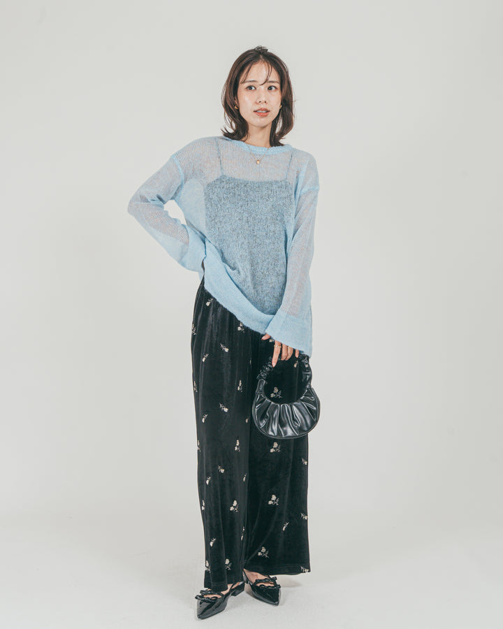 ［SET］モヘアTouchローゲージカラーニット + Flower刺繍 ベロアパンツ（2SET）