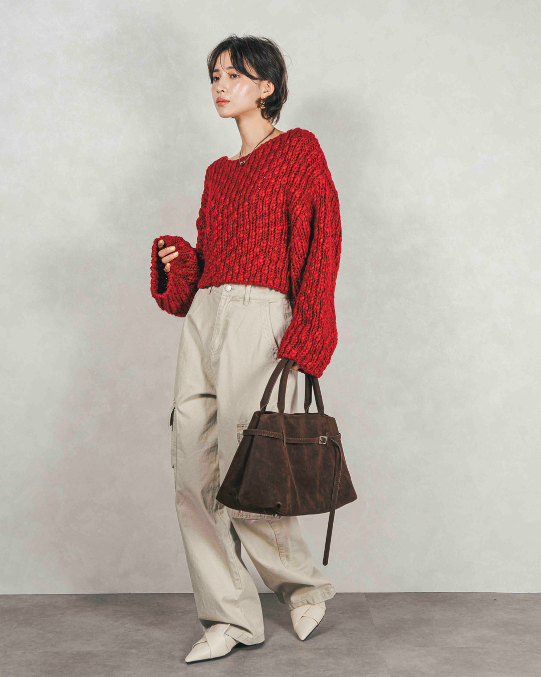 ［SET］ボリュームチャンキースラブ クロップドニット+ピグメントツイルカーゴパンツ（2SET）