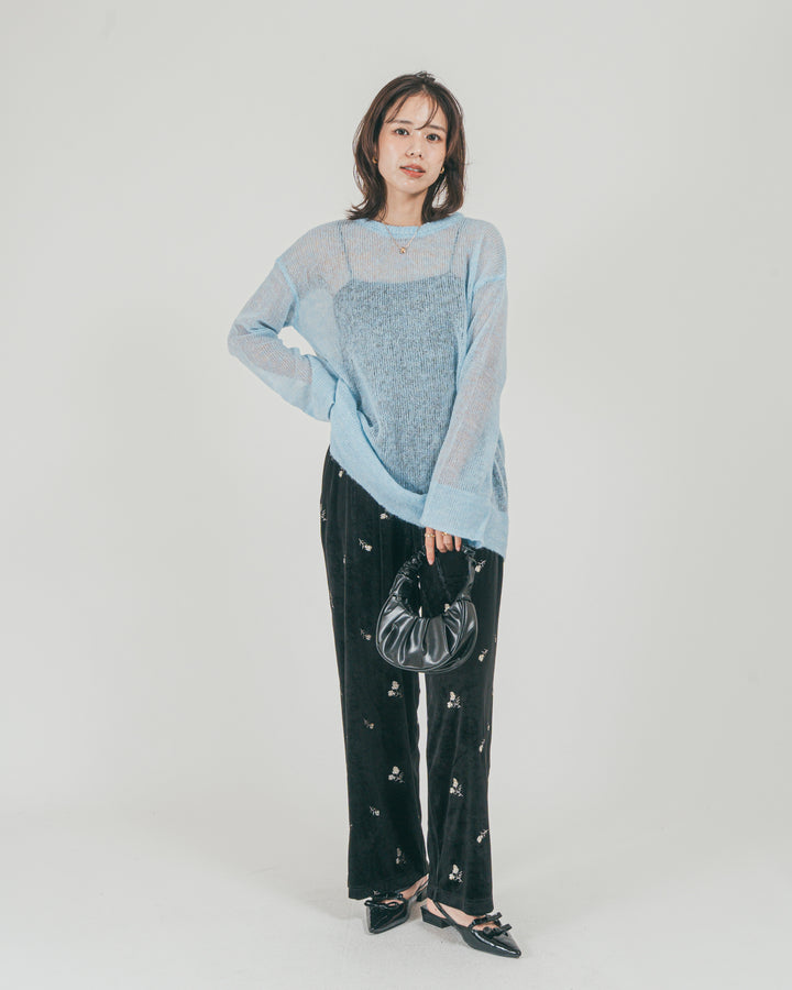 ［SET］モヘアTouchローゲージカラーニット + Flower刺繍 ベロアパンツ（2SET）