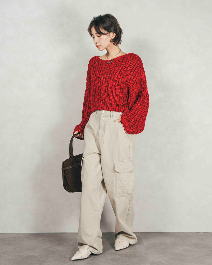 ［SET］ボリュームチャンキースラブ クロップドニット+ピグメントツイルカーゴパンツ（2SET）