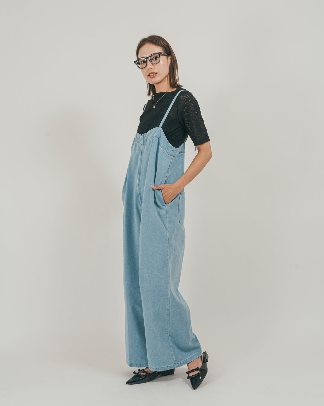 ［SET］接触冷感 10ozデニムオールインワン + カットレース ドレープTee（2SET）