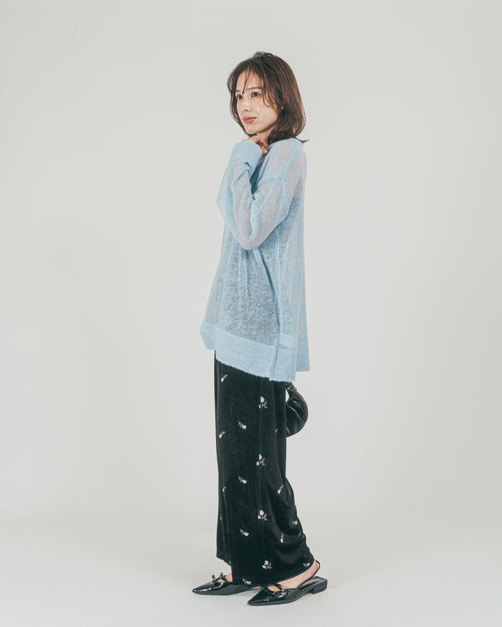 ［SET］モヘアTouchローゲージカラーニット + Flower刺繍 ベロアパンツ（2SET）