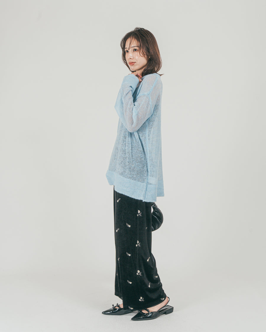 ［SET］モヘアTouchローゲージカラーニット + Flower刺繍 ベロアパンツ（2SET）