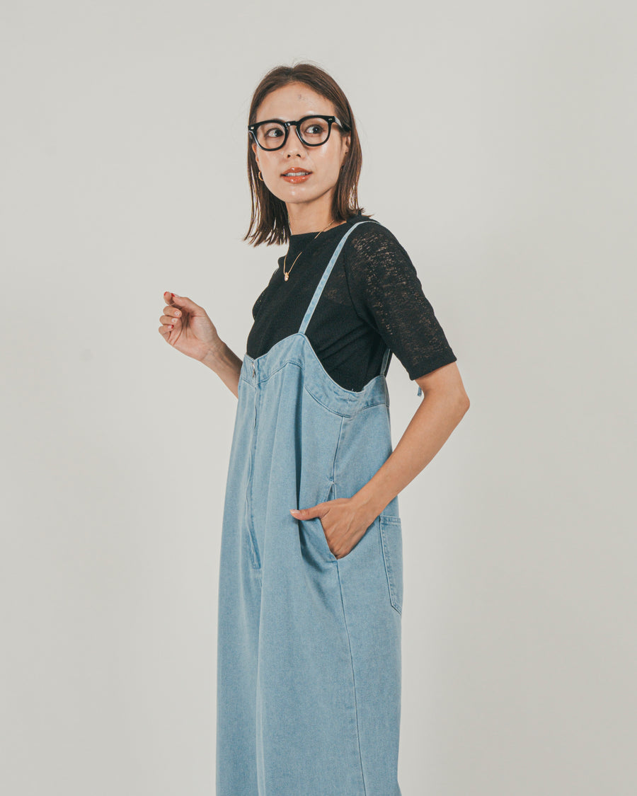 ［SET］接触冷感 10ozデニムオールインワン + カットレース ドレープTee（2SET）
