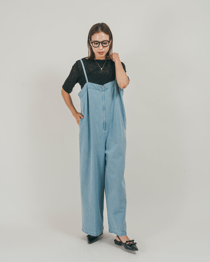 ［SET］接触冷感 10ozデニムオールインワン + カットレース ドレープTee（2SET）