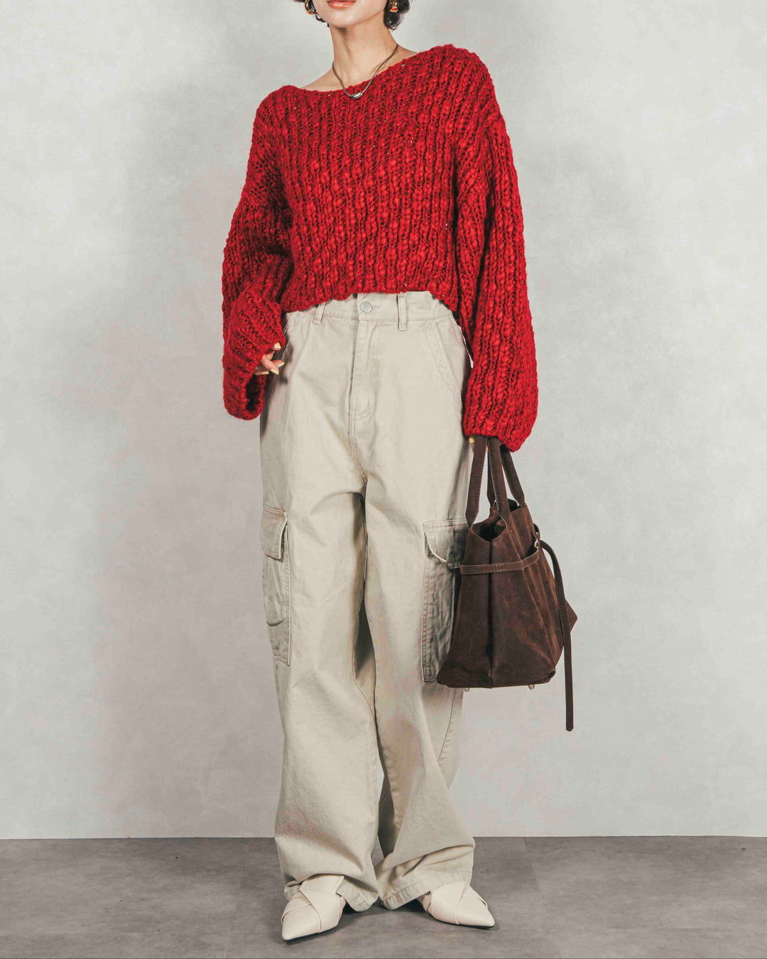 ［SET］ボリュームチャンキースラブ クロップドニット+ピグメントツイルカーゴパンツ（2SET）