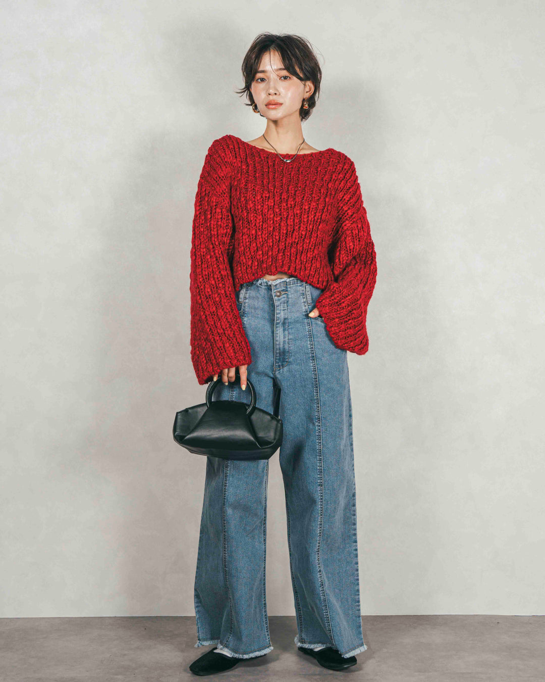 ボリュームチャンキースラブ クロップドニット (RED)