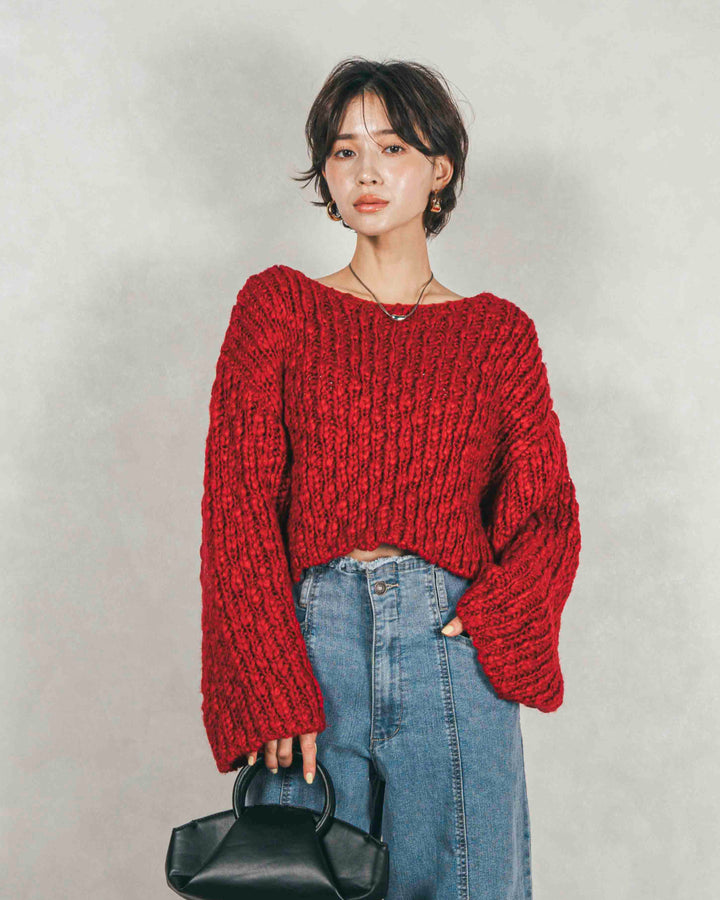 ［SET］ボリュームチャンキースラブ クロップドニット+センターシーム リラックスカラーデニム（2SET）