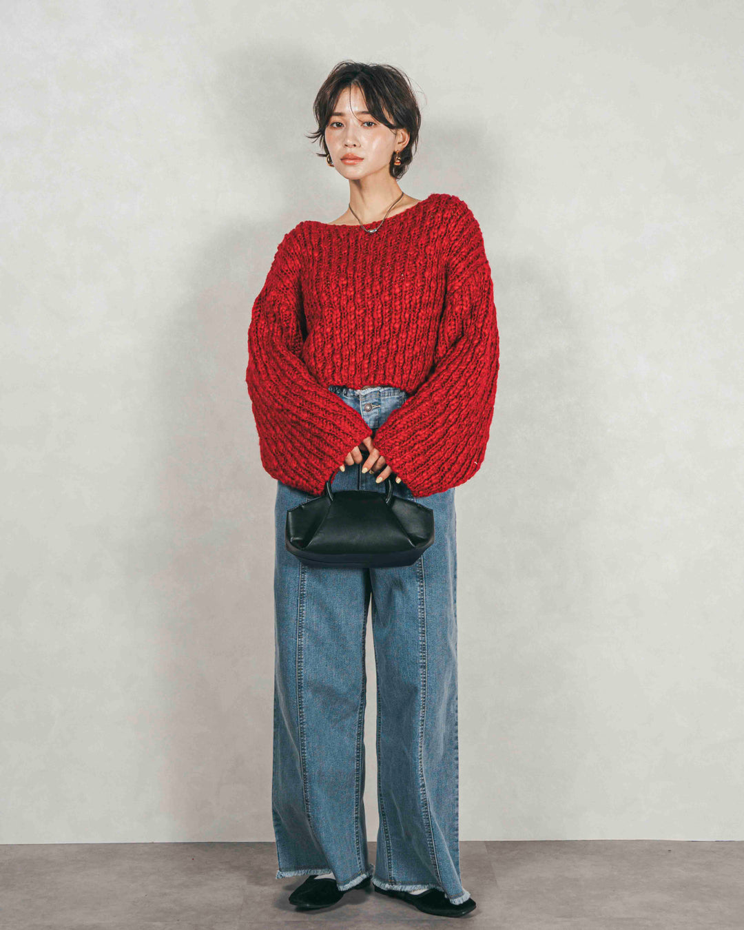 ［SET］ボリュームチャンキースラブ クロップドニット+センターシーム リラックスカラーデニム（2SET）