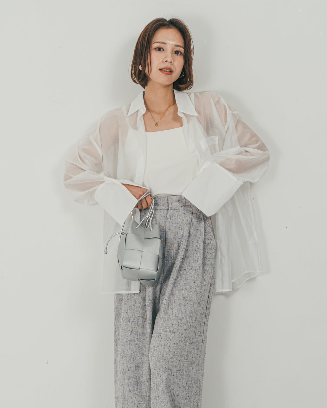 ［SET］Clear Sheer オーバーシャツ + Tweedダブルタックパンツ（2SET）
