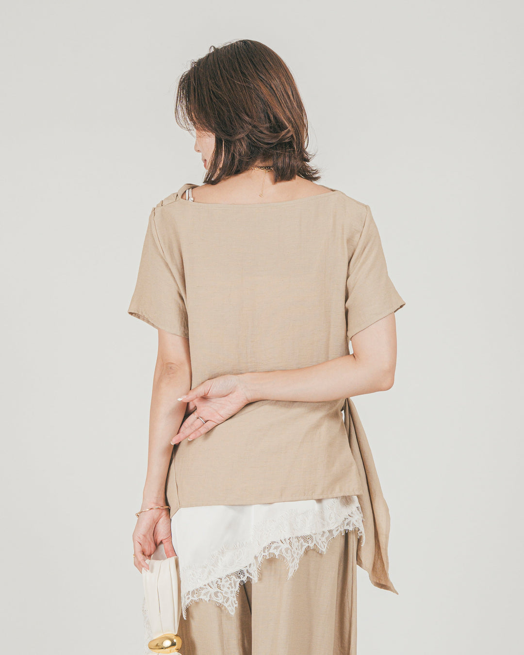 ［SET］サイドドレープカットソー&リラックスワイドパンツSETUP + サテンアシメ レースキャミ（3SET）