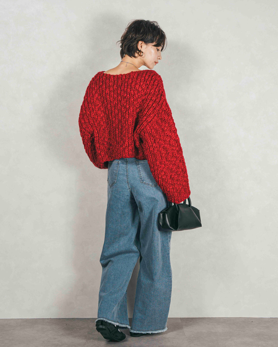 ボリュームチャンキースラブ クロップドニット (RED)