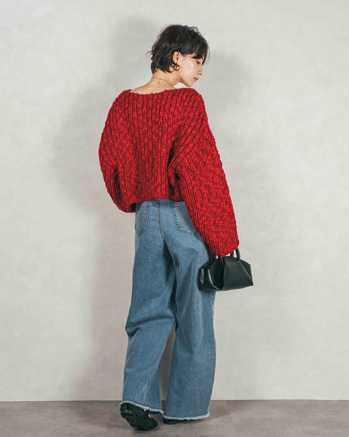 ボリュームチャンキースラブ クロップドニット (RED)