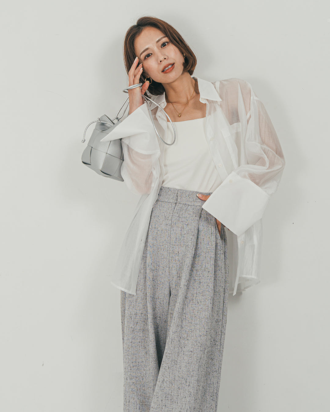 ［SET］Clear Sheer オーバーシャツ + Tweedダブルタックパンツ（2SET）