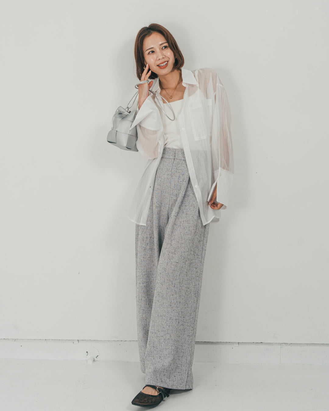［SET］Clear Sheer オーバーシャツ + Tweedダブルタックパンツ（2SET）