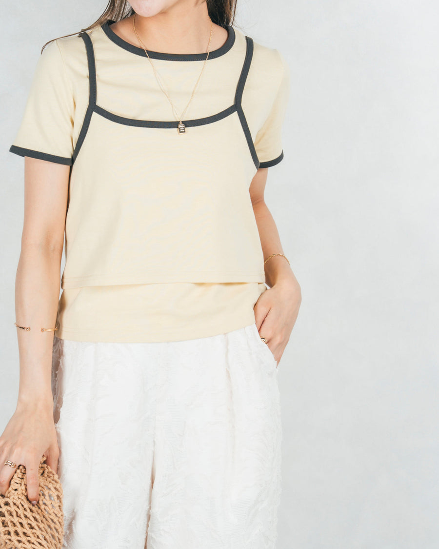 ［SET］キャミ付きリンガーTシャツ+フリンジジャガードリラックスパンツ（2SET）
