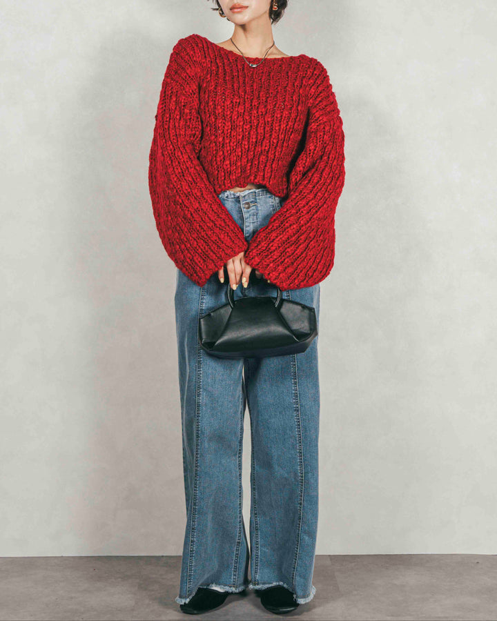 ［SET］ボリュームチャンキースラブ クロップドニット+センターシーム リラックスカラーデニム（2SET）