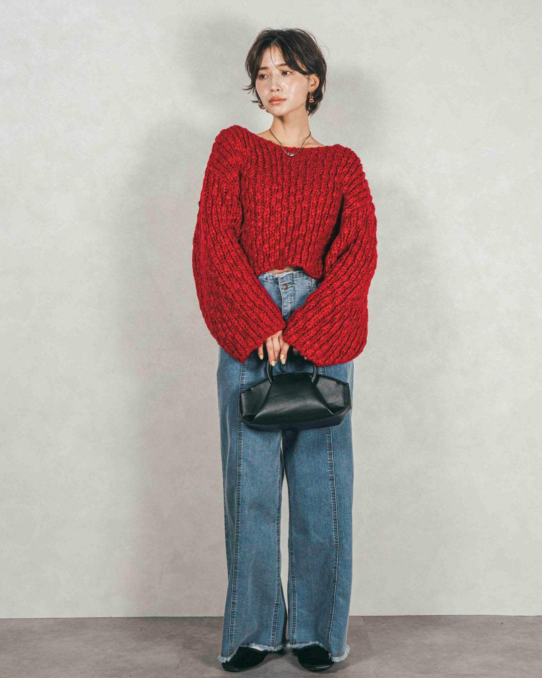 ［SET］ボリュームチャンキースラブ クロップドニット+センターシーム リラックスカラーデニム（2SET）