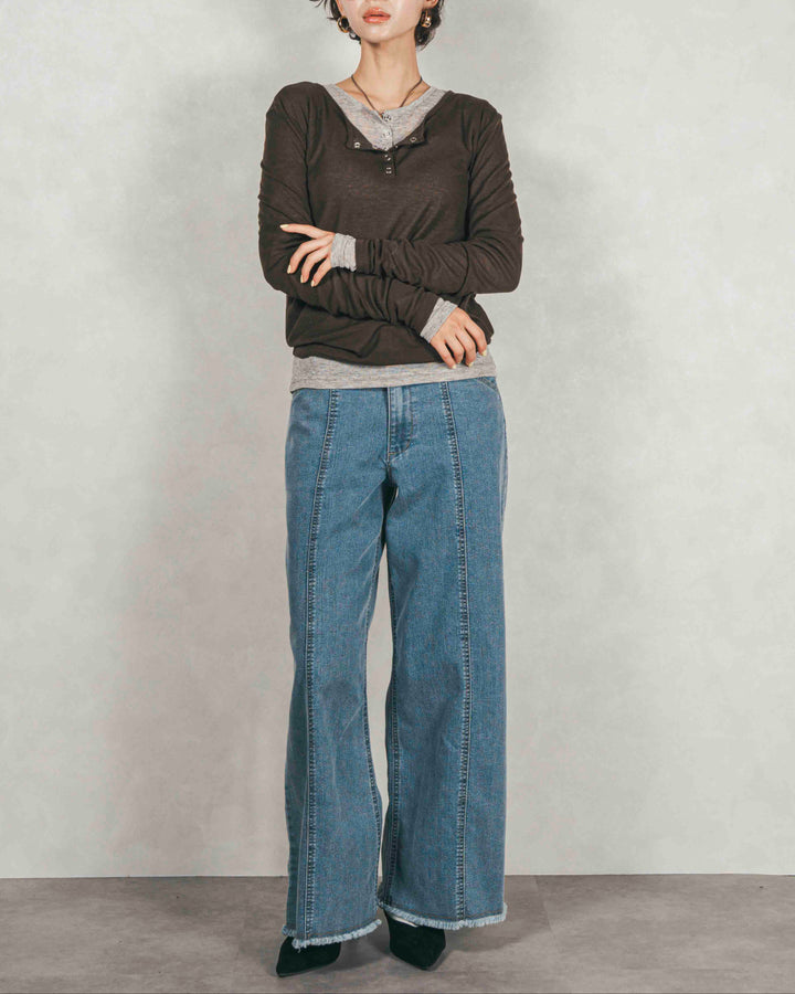 ［SET］Sheerリブヘンリーネックトップス+センターシーム リラックスカラーデニム（2SET）