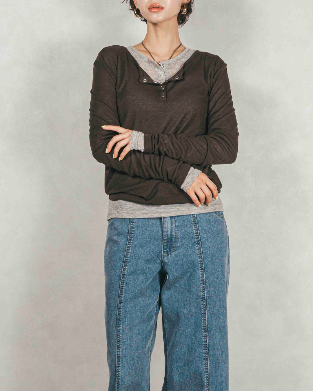 ［SET］Sheerリブヘンリーネックトップス+Sheerリブヘンリーネックトップス（2SET）