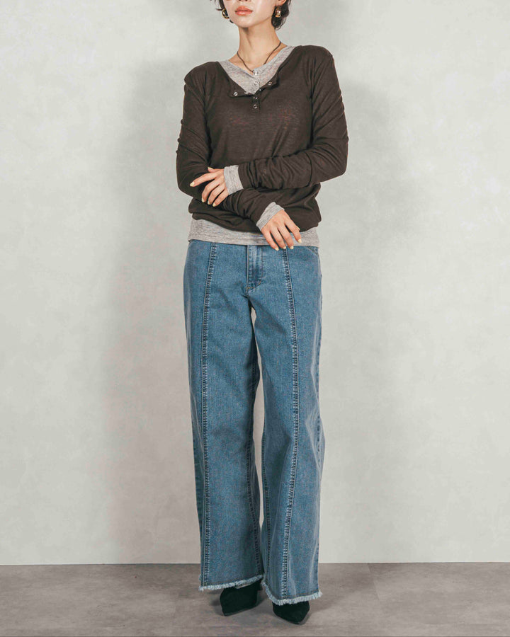 Sheerリブヘンリーネックトップス (BROWN)