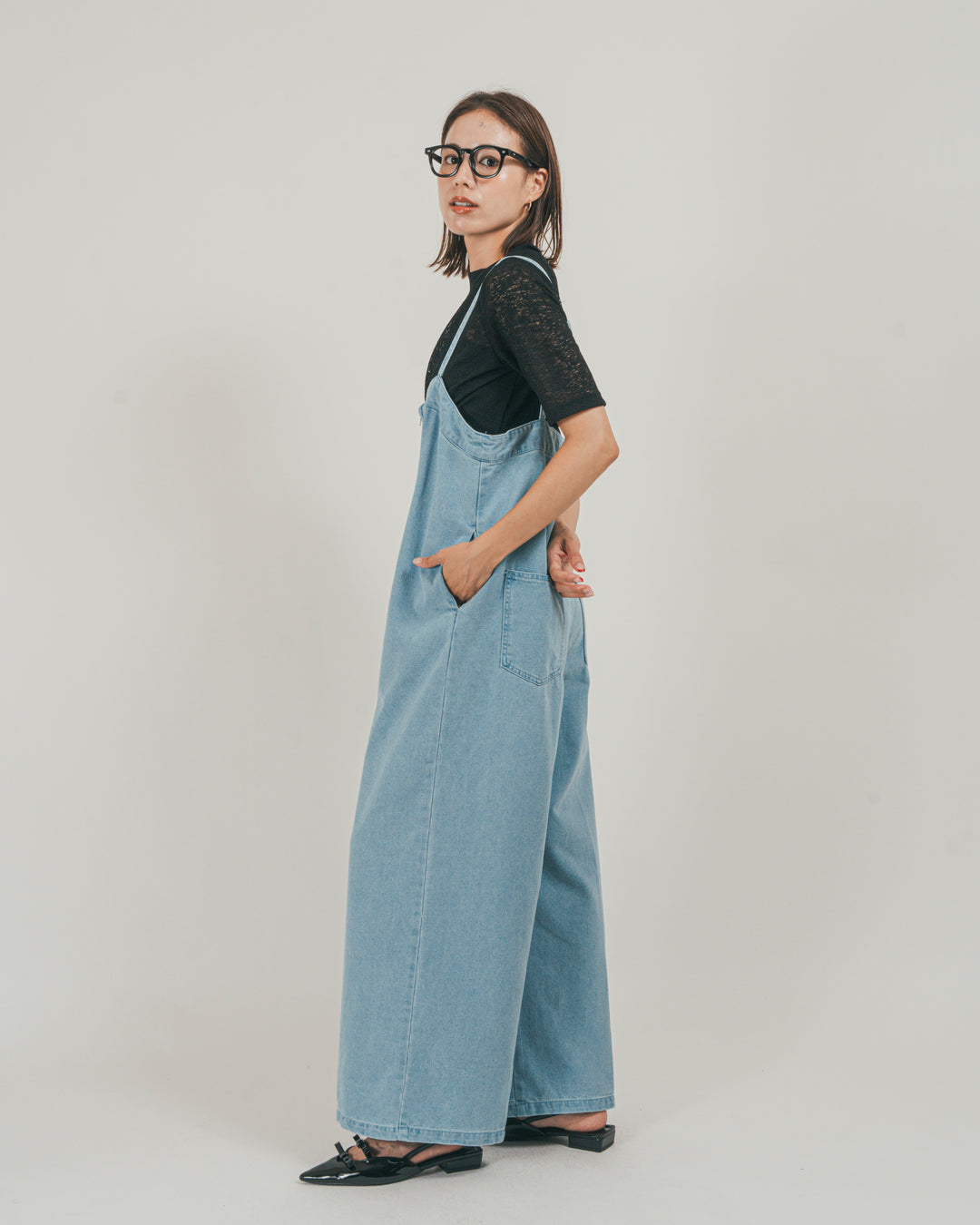［SET］接触冷感 10ozデニムオールインワン + カットレース ドレープTee（2SET）