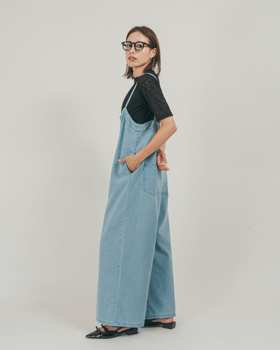 ［SET］接触冷感 10ozデニムオールインワン + カットレース ドレープTee（2SET）
