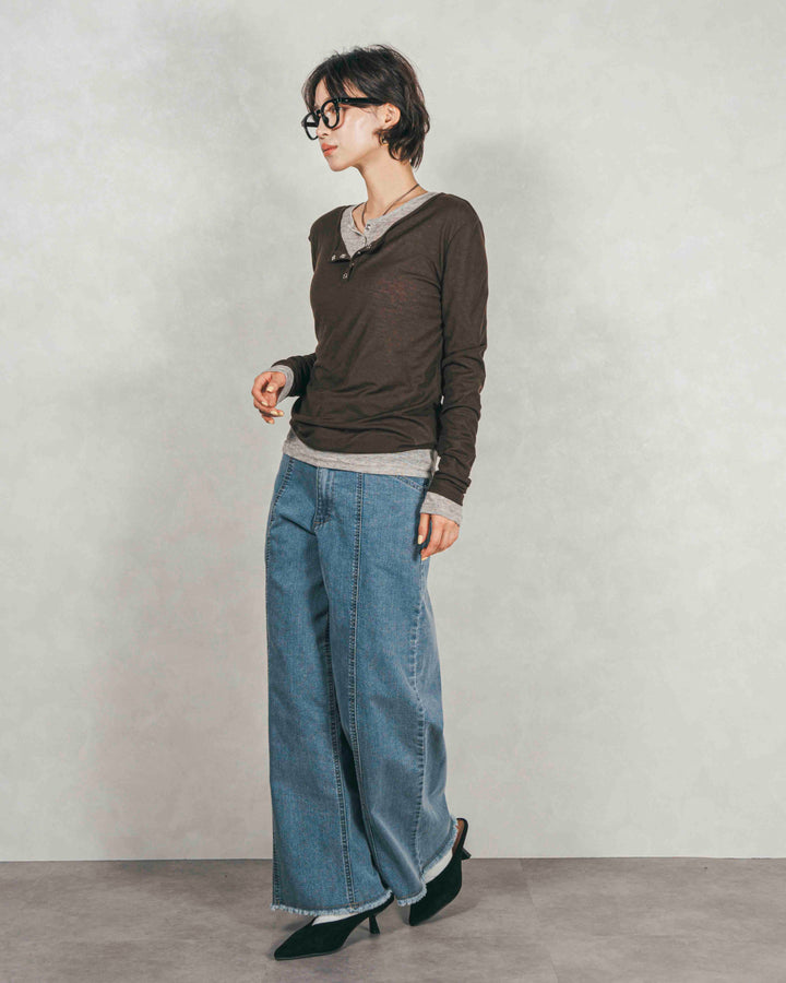 ［SET］Sheerリブヘンリーネックトップス+センターシーム リラックスカラーデニム（2SET）