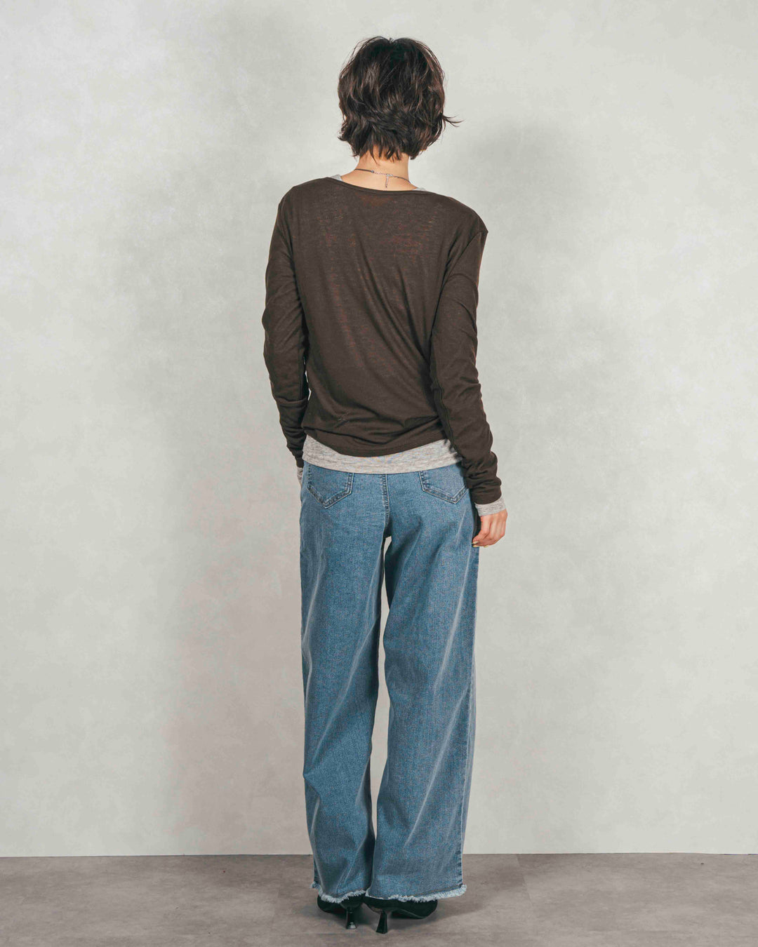 Sheerリブヘンリーネックトップス (BROWN)