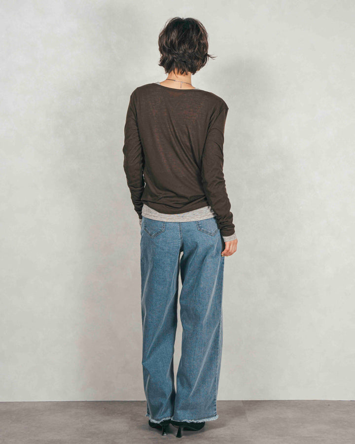 Sheerリブヘンリーネックトップス (BROWN)