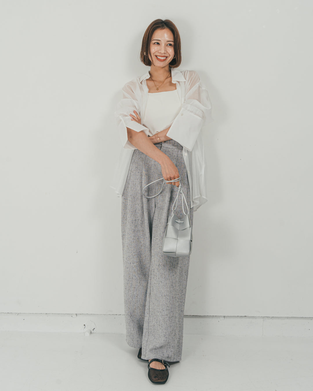 ［SET］Clear Sheer オーバーシャツ + Tweedダブルタックパンツ（2SET）