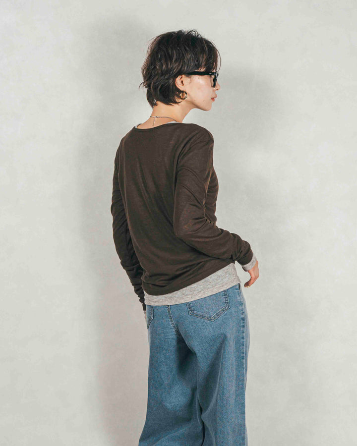 Sheerリブヘンリーネックトップス (BROWN)