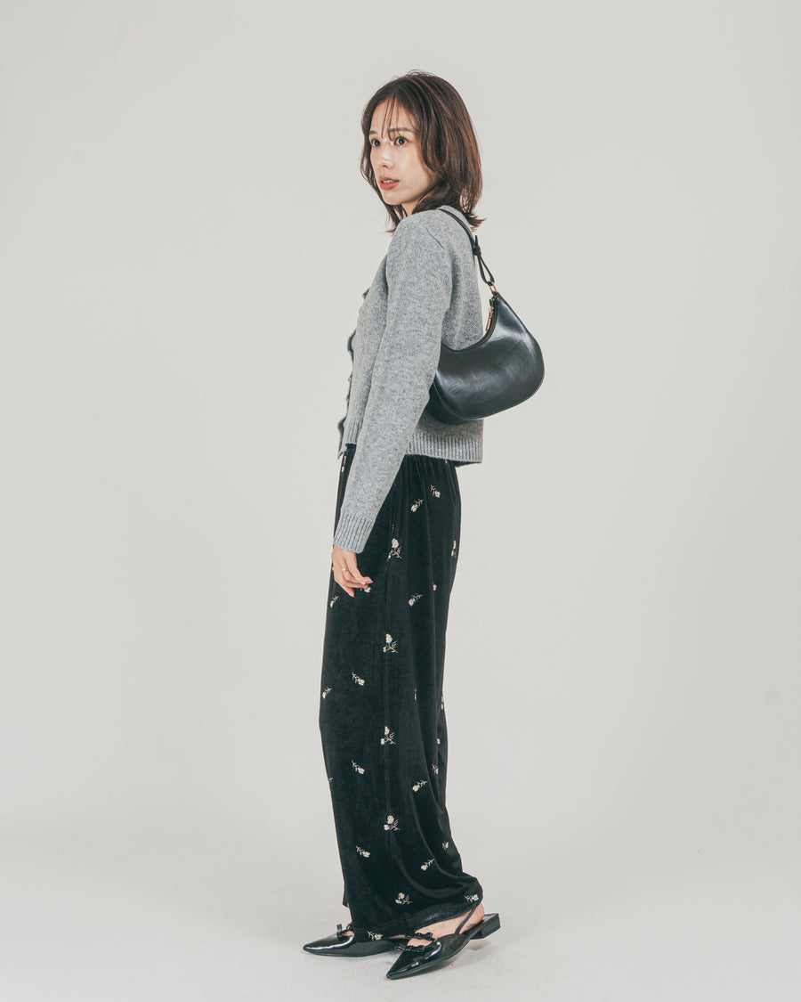 ［SET］フロントフリルメランジニットカーデ + Flower刺繍 ベロアパンツ（2SET）